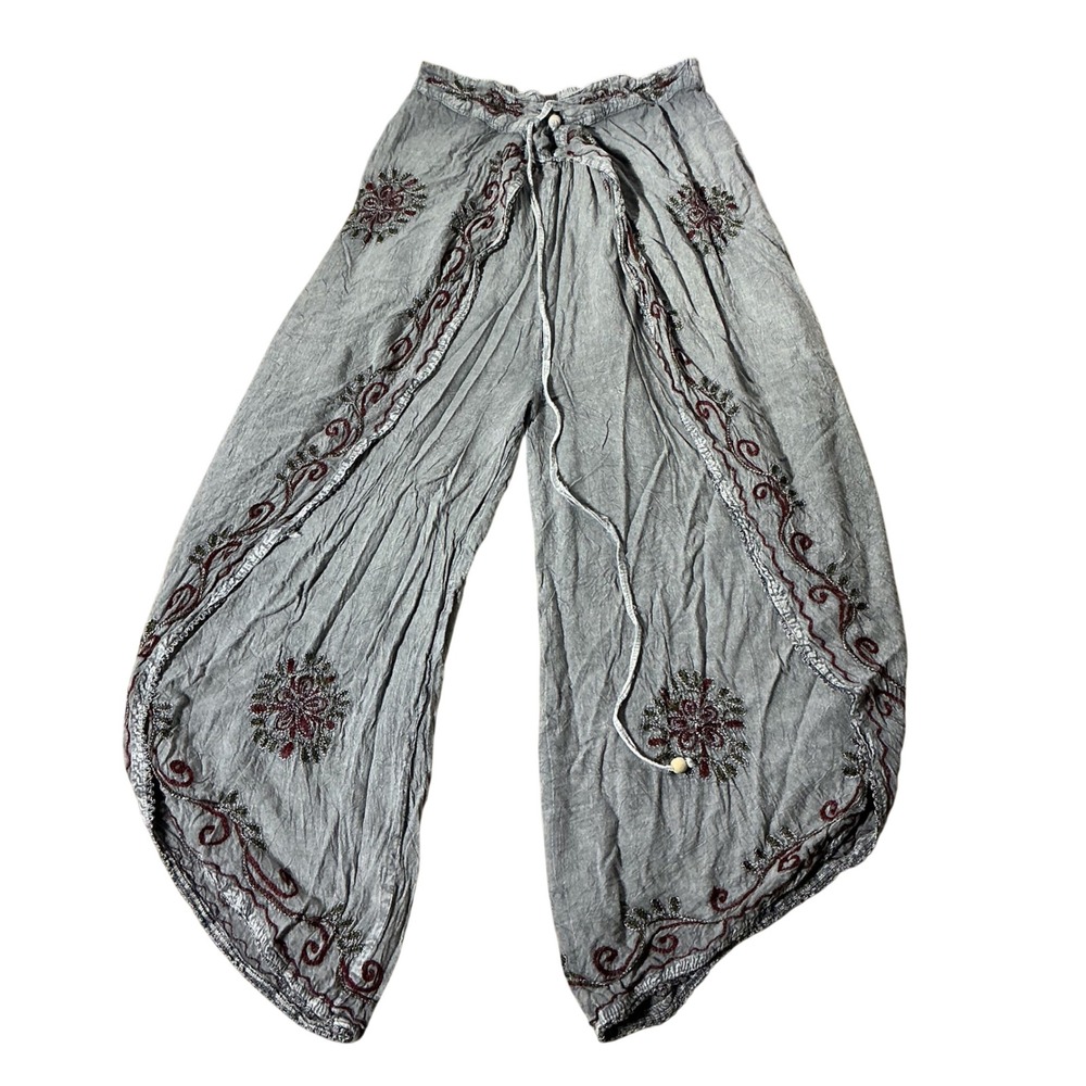 Sidas Collection Boho Harem Pants Womens Small Grey Embroidered Tulip Split Leg